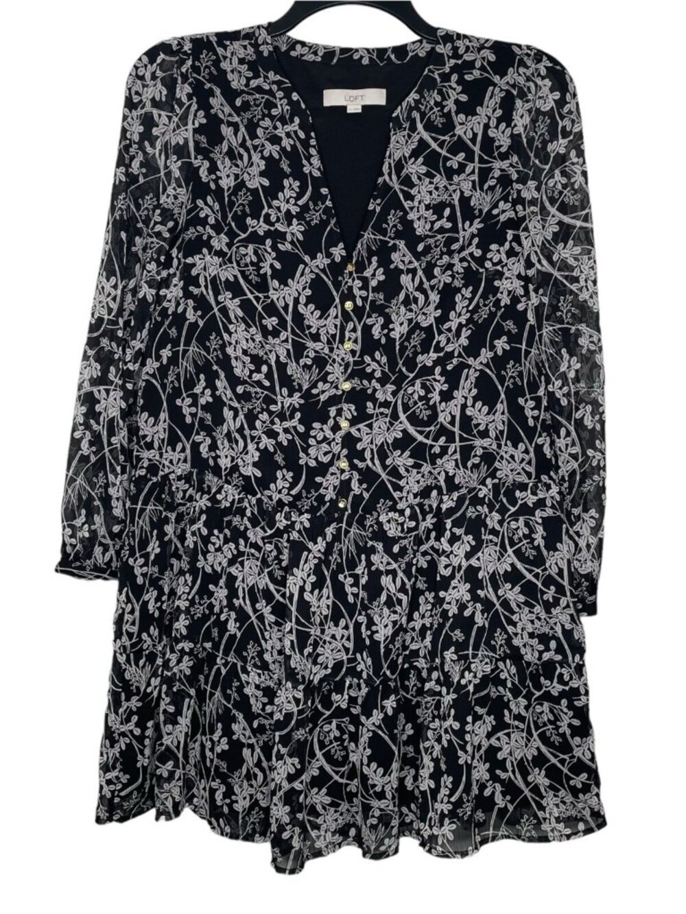 LOFT Womens Drop Waist Dress Size Small Tiered Floral V-Neck Sheer Sleeves